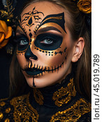 Scary Halloween makeup on a woman's face in the form of a skull, a corpse. Halloween Party. AI generated. Стоковое AI-изображение, AI-художник Ольга Симонова / Фотобанк Лори