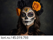 Scary Halloween makeup on a woman's face in the form of a skull, a corpse. Halloween Party. AI generated. Стоковое AI-изображение, AI-художник Ольга Симонова / Фотобанк Лори