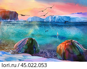 Красивый северный пейзаж. Скалы, айсберги и море. Стоковое AI-изображение, AI-художник Николай Гернет / Фотобанк Лори