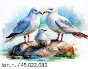 Семья чаек на фоне моря и скал. Стоковое AI-изображение, AI-художник Николай Гернет / Фотобанк Лори