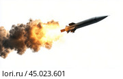 A missile launches with powerful flames and smoke against a clear background in mid-flight. Стоковое AI-изображение, AI-художник Юлия Гапеенко / Фотобанк Лори