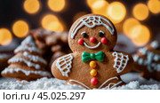 Colorful Christmas gingerbread cookies. Close-up, blurred background with twinkling lights. Стоковое AI-изображение, AI-художник Сергей Елизарьев / Фотобанк Лори