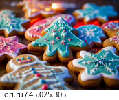 Colorful Christmas gingerbread cookies. Close-up, blurred background with twinkling lights. Стоковое AI-изображение, AI-художник Сергей Елизарьев / Фотобанк Лори