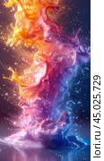 Paint Splash Effect. multicolor paint spilled out, creating an interesting abstract drawing, a pattern of lines, halftones, causing different associations in your design. fluid art, vertical design. Стоковое AI-изображение, AI-художник Ирина Михайличенко / Фотобанк Лори