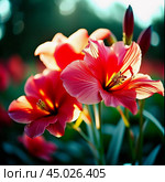 Clusters of stunning sword lilies display their vibrant pink, peach and cream petals, attracting pollinators in a peaceful garden setting during the soft light of dawn. Generative AI. Стоковое AI-изображение, AI-художник Юлия Петровская / Фотобанк Лори