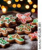Colorful Christmas gingerbread cookies. Close-up, blurred background with twinkling lights. Стоковое AI-изображение, AI-художник Сергей Елизарьев / Фотобанк Лори