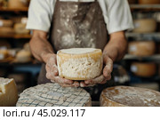 Cheesemaker presenting a cheese wheel in a cheese factory. Стоковое AI-изображение, AI-художник Иван Рябоконь / Фотобанк Лори
