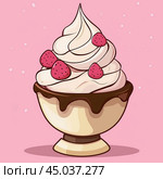 Creamy soft serve ice cream topped with fresh strawberries in a decorative bowl on a pink background. Стоковое AI-изображение, AI-художник Сергей Толмачёв / Фотобанк Лори