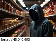 A thief in a mask and hoodie covertly steals snacks in a supermarket. Стоковое AI-изображение, AI-художник Васильева Юлия / Фотобанк Лори