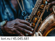 Musician is playing a shiny saxophone during a concert. Стоковое AI-изображение, AI-художник Иван Рябоконь / Фотобанк Лори