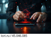 Ниспадающий график с иконкой дома и мужчиной за столом. Стоковое AI-изображение, AI-художник Александр Жуков / Фотобанк Лори