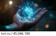 Светящийся ключ парит над рукой. Стоковое AI-изображение, AI-художник Александр Жуков / Фотобанк Лори