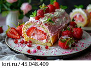 Delicious strawberry roll cake lying on plate with redcurrants and powdered sugar. Стоковое AI-изображение, AI-художник Иван Рябоконь / Фотобанк Лори