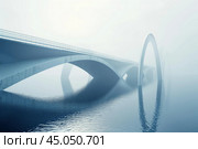 Modern bridge structure spanning water with foggy sky. Стоковое AI-изображение, AI-художник Иван Рябоконь / Фотобанк Лори