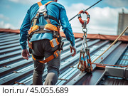A male construction worker in protective gear, safety belts and with safety belt hooks for working at high altitude. Construction, repair, cleaning, installation. Стоковое AI-изображение, AI-художник Photojuli / Фотобанк Лори