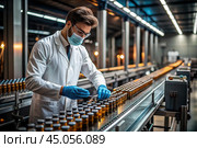 Production of medicines. A pharmacist checks medical vials on an automatic conveyor of a pharmaceutical factory production line using artificial intelligence. Стоковое AI-изображение, AI-художник Photojuli / Фотобанк Лори