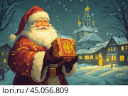 Happy Saint Nicholas Day. St.Nicolas holding gift. Winter holiday. Стоковое AI-изображение, AI-художник Ирина Ручушкина / Фотобанк Лори