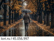 Rainy autumn weather. A man under an umbrella walks along an autumn alley in the park. Стоковое AI-изображение, AI-художник Photojuli / Фотобанк Лори