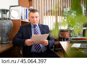 Adult businessman sitting at working place in office. Стоковое фото, фотограф Яков Филимонов / Фотобанк Лори