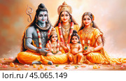 Divine Hindu Gods Family Portrait with Lotus Flowers and Traditional Attire. Стоковое AI-изображение, AI-художник Евгения Пархоменко / Фотобанк Лори