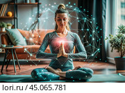 The concept of esoteric spiritual meditation, a woman in the lotus position. Human meditation, spirituality and chakra activation, mystical spirit. Стоковое AI-изображение, AI-художник Photojuli / Фотобанк Лори