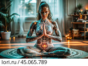 The concept of esoteric spiritual meditation, a woman in the lotus position. Human meditation, spirituality and chakra activation, mystical spirit. Стоковое AI-изображение, AI-художник Photojuli / Фотобанк Лори
