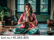 The concept of esoteric spiritual meditation, a woman in the lotus position. Human meditation, spirituality and chakra activation, mystical spirit. Стоковое AI-изображение, AI-художник Photojuli / Фотобанк Лори