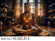 The concept of esoteric spiritual meditation, a woman in the lotus position. Human meditation, spirituality and chakra activation, mystical spirit. Стоковое AI-изображение, AI-художник Photojuli / Фотобанк Лори