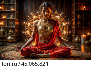 The concept of esoteric spiritual meditation, a woman in the lotus position. Human meditation, spirituality and chakra activation, mystical spirit. Стоковое AI-изображение, AI-художник Photojuli / Фотобанк Лори