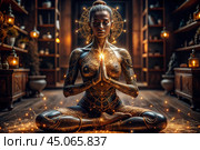 The concept of esoteric spiritual meditation, a woman in the lotus position. Human meditation, spirituality and chakra activation, mystical spirit. Стоковое AI-изображение, AI-художник Photojuli / Фотобанк Лори