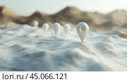 3D rendered map with location markers set in a serene, natural landscape during daylight hours. Стоковое AI-изображение, AI-художник Сергей Толмачёв / Фотобанк Лори