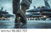 Military personnel walks through snow towards fighter jets during a cold weather operation at an airbase. Стоковое AI-изображение, AI-художник Сергей Толмачёв / Фотобанк Лори