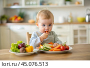 Healthy baby food. The first meal. Feeding the baby. A cute kid tastes fresh vegetables. Стоковое AI-изображение, AI-художник Photojuli / Фотобанк Лори