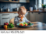 Healthy baby food. The first meal. Feeding the baby. A cute kid tastes fresh vegetables. Стоковое AI-изображение, AI-художник Photojuli / Фотобанк Лори