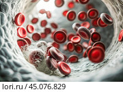 Healthcare and medicine. Red blood cells in the veins. Blood Test Cardiovascular health. Стоковое AI-изображение, AI-художник Photojuli / Фотобанк Лори