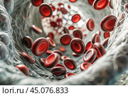 Healthcare and medicine. Red blood cells in the veins. Blood Test Cardiovascular health. Стоковое AI-изображение, AI-художник Photojuli / Фотобанк Лори