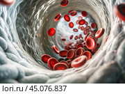 Healthcare and medicine. Red blood cells in the veins. Blood Test Cardiovascular health. Стоковое AI-изображение, AI-художник Photojuli / Фотобанк Лори