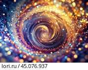 Abstract background. A bright colorful swirl of sequins and bokeh, reminiscent of a galaxy in deep space. Стоковое AI-изображение, AI-художник Photojuli / Фотобанк Лори