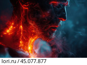 Thyroid gland inflammation, old man with pain in neck, sore throat and cough. Стоковое AI-изображение, AI-художник Станислав Тарко / Фотобанк Лори