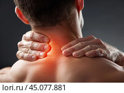 Neck pain, intervertebral spine hernia, man suffering from ache. Стоковое AI-изображение, AI-художник Станислав Тарко / Фотобанк Лори