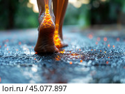 Legs burning in fire, heel spur, woman's leg hurts, pain in the foot, skin diseases, female feet with dry cracked skin close-up. Стоковое AI-изображение, AI-художник Станислав Тарко / Фотобанк Лори