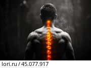 Hernia of the cervical spine, neck pain, man suffering from backache, spondylosis of the intervertebral disc, health problems concept, black background. Стоковое AI-изображение, AI-художник Станислав Тарко / Фотобанк Лори