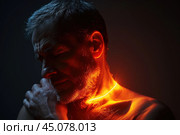 Thyroid gland inflammation, old man with pain in shoulder and neck, sore throat and cough. Стоковое AI-изображение, AI-художник Станислав Тарко / Фотобанк Лори