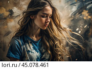 Portrait of a beautiful, young girl with a thoughtful look. The hair develops and creates a feeling of lightness and naturalness. Стоковое AI-изображение, AI-художник Photojuli / Фотобанк Лори