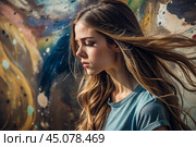 Portrait of a beautiful, young girl with a thoughtful look. The hair develops and creates a feeling of lightness and naturalness. Стоковое AI-изображение, AI-художник Photojuli / Фотобанк Лори