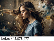 Portrait of a beautiful, young girl with a thoughtful look. The hair develops and creates a feeling of lightness and naturalness. Стоковое AI-изображение, AI-художник Photojuli / Фотобанк Лори