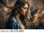 Portrait of a beautiful, young girl with a thoughtful look. The hair develops and creates a feeling of lightness and naturalness. Стоковое AI-изображение, AI-художник Photojuli / Фотобанк Лори
