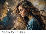 Portrait of a beautiful, young girl with a thoughtful look. The hair develops and creates a feeling of lightness and naturalness. Стоковое AI-изображение, AI-художник Photojuli / Фотобанк Лори