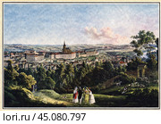 Вид на Градчаны с холма Петршин, Прага, Чехия. 1830. офорт Ц.А. Рихтера. Ведута В. Морштадта. Стоковая иллюстрация, иллюстратор Retro / Фотобанк Лори
