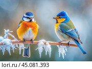 Two beautiful Tits are sitting on a branch covered with frost. Winter landscape with birds. Стоковое AI-изображение, AI-художник Оксана Медведева / Фотобанк Лори